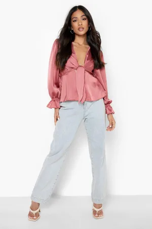 Boohoo Petite Satin Tie Front Flare Cuff Blouse