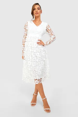 Boohoo Long Sleeve Crochet Lace Midi Skater Dress