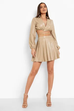 Boohoo Leather Look Volume Sleeve Wrap Shirt