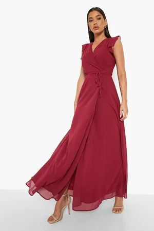 Boohoo Ruffle Skater Wrap Maxi Bridesmaid Dress