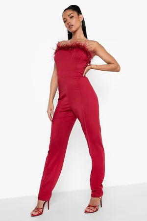 Boohoo Feather Bandeau Tailored Jumpsuit