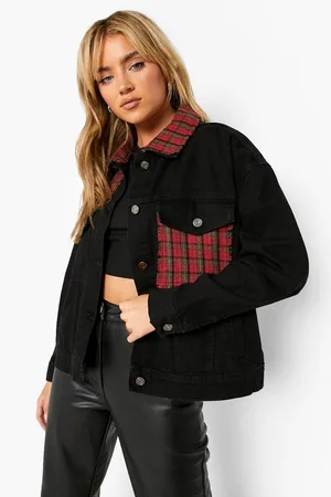 Boohoo Brush Check Panel Oversized Denim Jacket