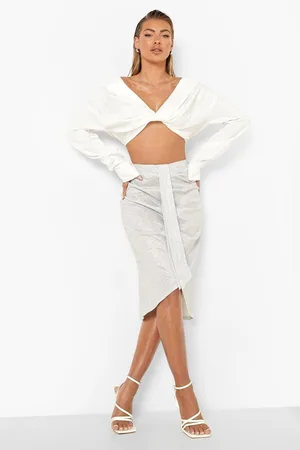 Boohoo Glitter Foldover Drape Midi Skirt