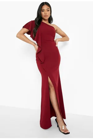 Boohoo Petite Asymmetric Ruffle Scuba Maxi Dress