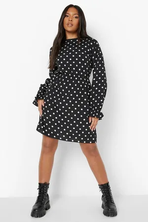 Boohoo Plus Polka Dot Frill Cuff Smock Dress
