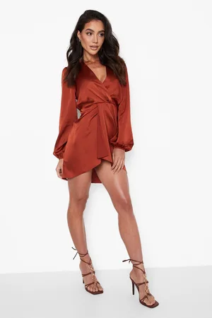 Boohoo Satin Blouson Sleeve Wrap Shift Dress
