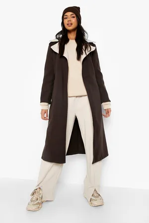Boohoo Contrast Collar Belted Wool Look Coat
