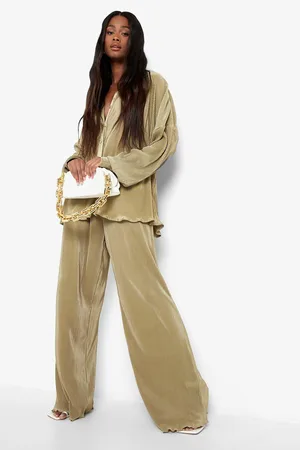 Boohoo Premium Plisse Flared Hem Trousers
