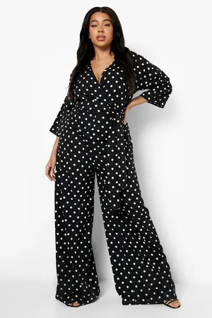 Boohoo Plus Polka Dot Wrap Tie Belt Jumpsuit
