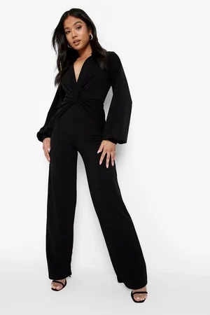 Boohoo Petite Twist Front Plunge Wide Leg Jumpsuit