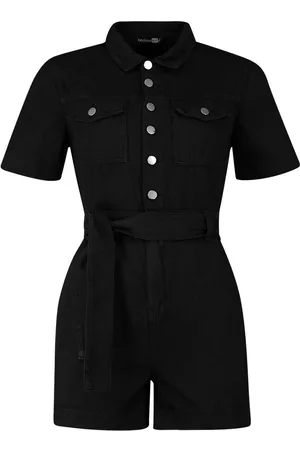 Boohoo Tie Waist Denim Playsuit