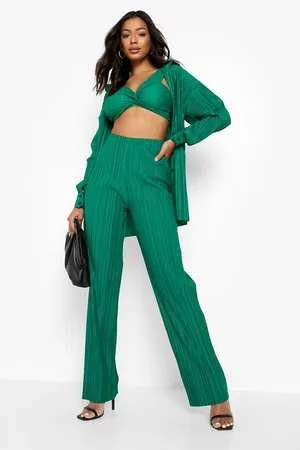 Boohoo High Waisted Plisse Wide Leg Trousers