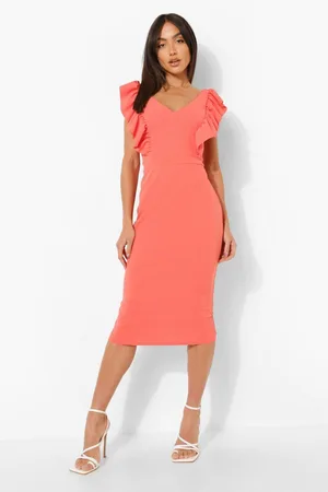 Boohoo Ruffle V Neck Midi Bodycon Dress