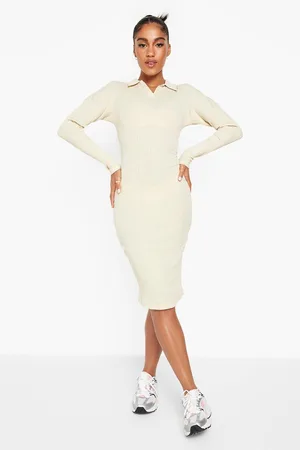 Boohoo Rib Open Collar Bodycon Midi Dress