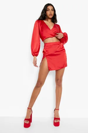 Boohoo Satin Wrap Blouse & Split Mini Skirt