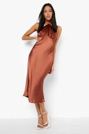 Boohoo Tall Halted Neck Cowl Back Satin Midi Dress