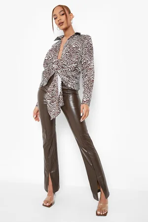 Boohoo Zebra Print Satin Tie Blouse