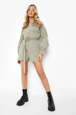 Boohoo Utility Pocket Belted Denim Playsuit