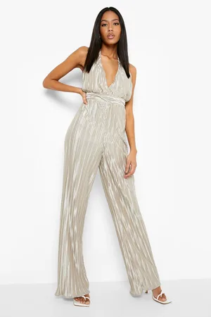Boohoo Tall Plisse Cowl Back Wide Leg Jumpsuit