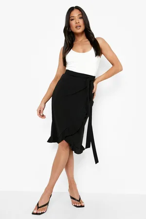 Boohoo Petite Tie Ruffle Belted Crepe Midi Skirt
