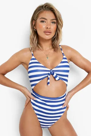 Boohoo Nautical Stripe Tie Cut Out Recycled Swimsuit