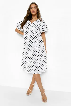 Boohoo Polka Dot Puff Sleeve Smock Midi Dress