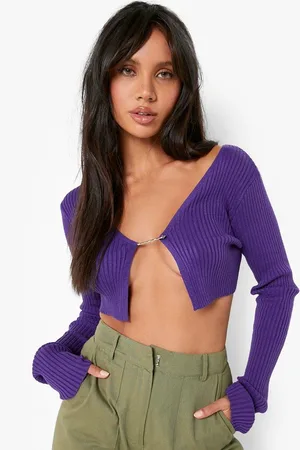 Boohoo Super Crop Clasp Detail Rib Knit Cardigan