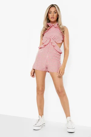 Boohoo Gingham Cut Out Ruffle Playsuit