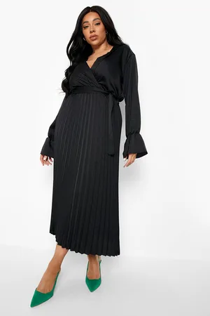 Boohoo Plus Pleated Flare Sleeve Satin Wrap Dress