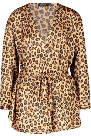 Boohoo Woven Leopard Wrap Tie Waist Blouse