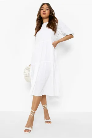 Boohoo Textured Puff Sleeve Tiered Midi Dress