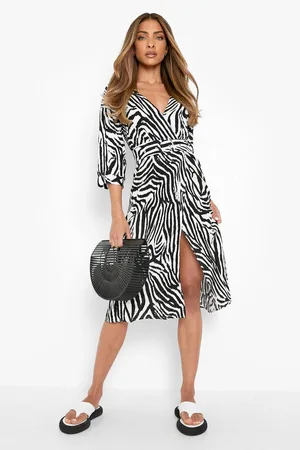 Boohoo Wrap Front Belted Midi Dress Zebra Print