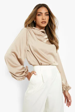 Boohoo Satin Draped Neck Volume Sleeve Blouse