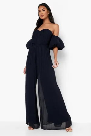 Boohoo Pleated Puff Sleeve Bardot Wide Leg Jumpsuit