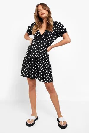 Boohoo V Neck Ruffle Smock Dress Polka Dot Print