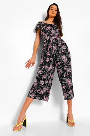 Boohoo Floral Frill Cold Shoulder Belted Jumpsuit