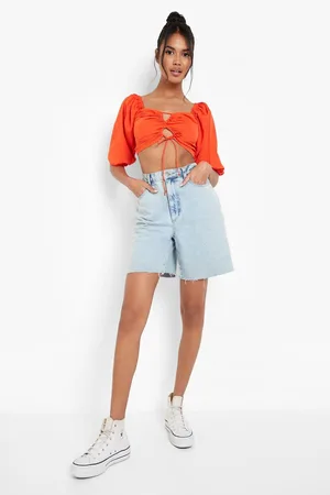 Boohoo Balloon Sleeve V Front Crop Top