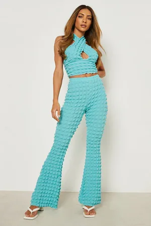 Boohoo Bubble Jersey Halter Crop & Flare Trouser