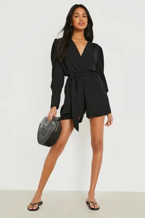 Boohoo Puff Sleeve Belted Woven Playsuit
