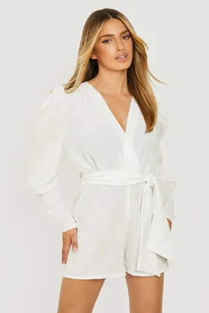 Boohoo Puff Sleeve Belted Woven Playsuit