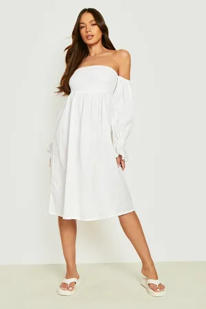 Boohoo Linen Pleated Shoulder Shirred Midi Dress