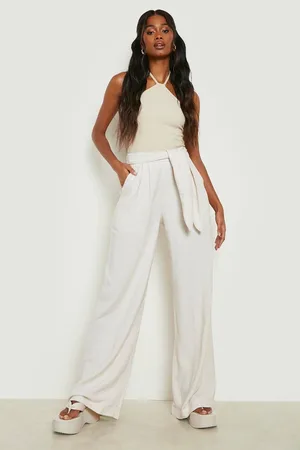 Boohoo Linen Look Tie Waist Wide Leg Trousers