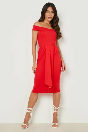 Boohoo Corset Detail Bardot Draped Midi Dress