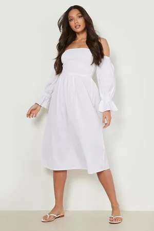 Boohoo Tall Linen Pleated Shoulder Midi Dress
