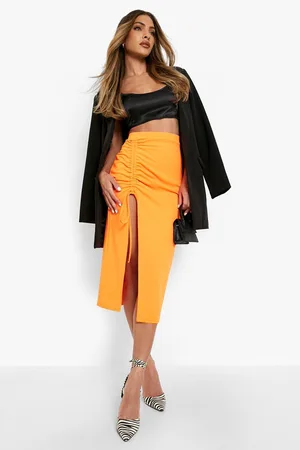 Boohoo Ruched Front Thigh Split Crepe Midi Skirt