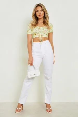 Boohoo Floral Print Puff Sleeve Ruched Crop Top