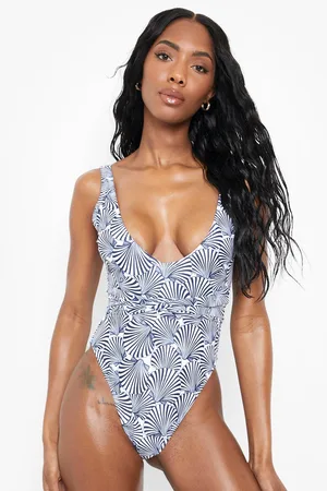 Boohoo Shell Belted Tie Waist Plunge Swimsuit