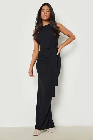 Boohoo Petite Ripple Rib Racer Tie Front Maxi Dress
