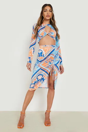 Boohoo Paisley Slinky Ruched Midi Skirt