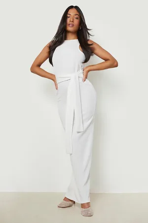 Boohoo Petite Ripple Rib Racer Tie Front Maxi Dress